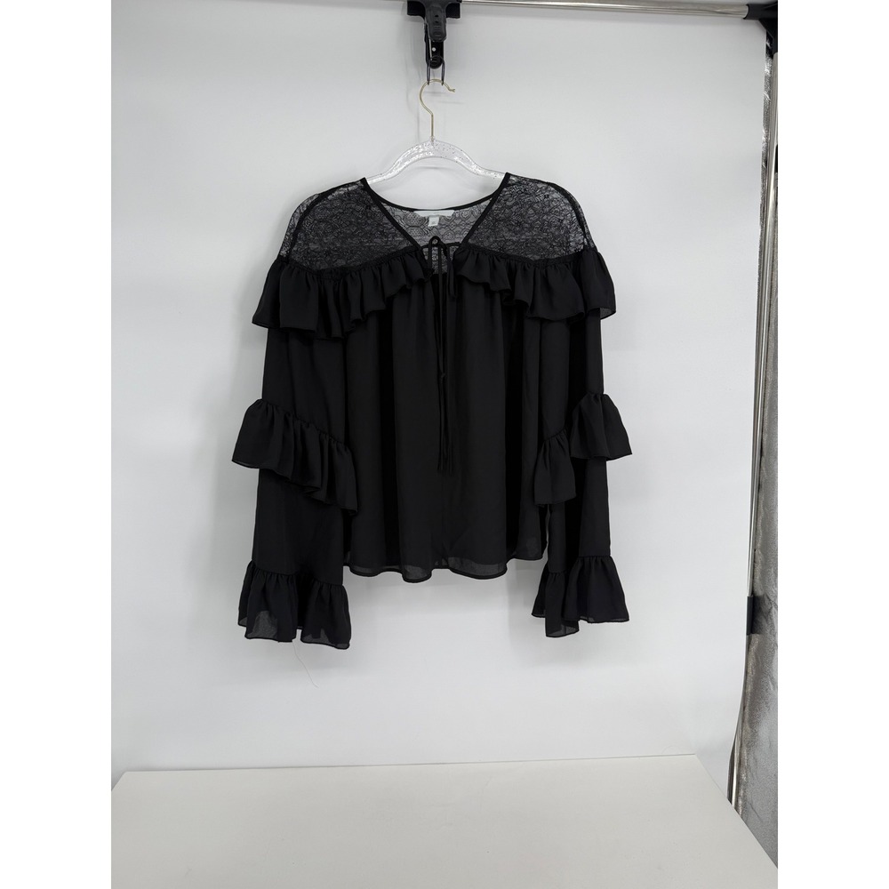 HM Womens Black Lace Yoke Ruffle Tiered Sleeve Tie Neck Blouse Top Sz L